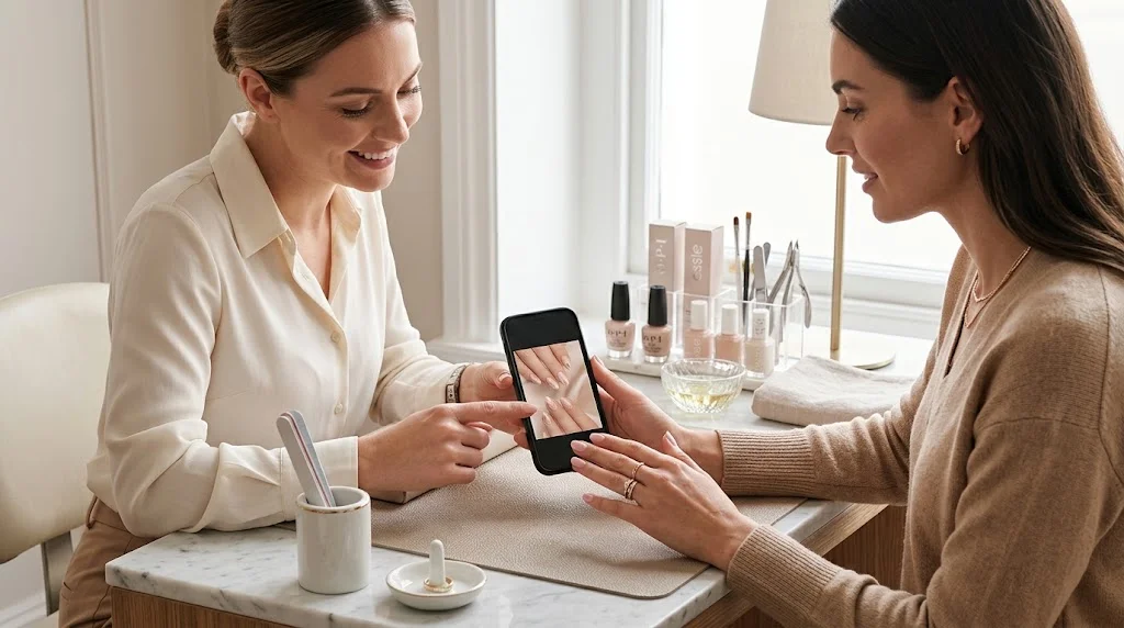 Nail salon consultation where a technician and client choose a nude manicure design from a phone photo