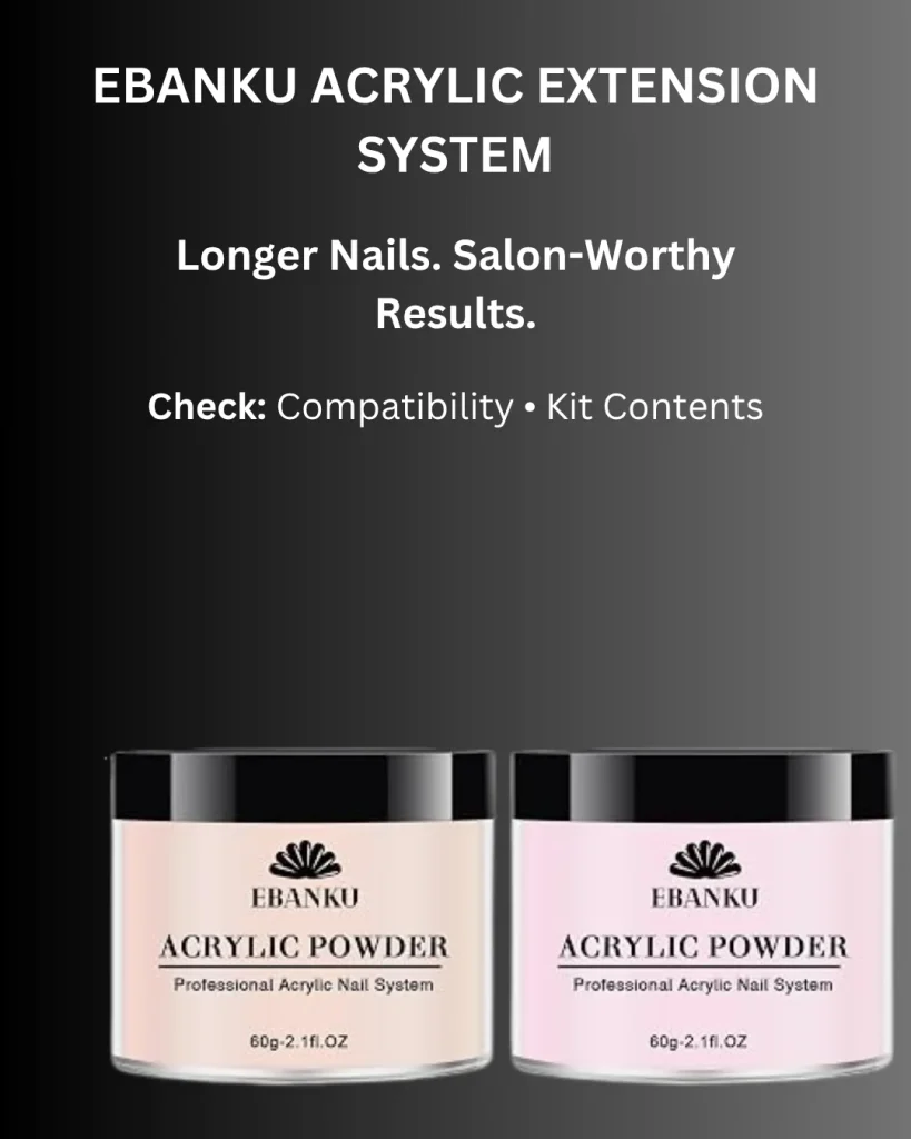 Ebanku Acrylic Extension System with two 60g (2.1 oz) professional acrylic nail powder jars in nude and pink shades
