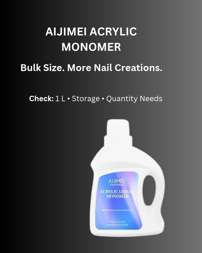 AIJIMEI Acrylic Liquid Monomer 1 L bulk bottle in a white jug-style container with a blue gradient label on a dark gradient background