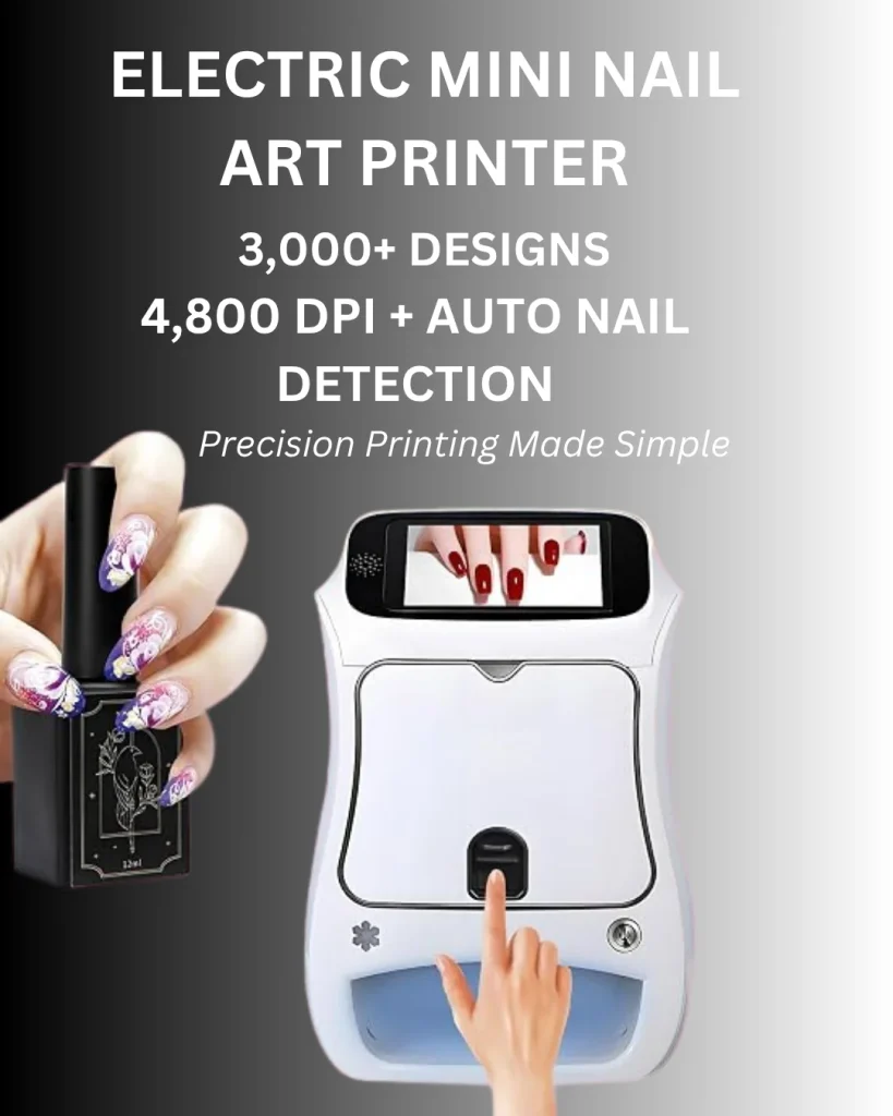 Electric mini nail art printer with 3,000+ designs, 4,800 DPI printing, and auto nail detection for precise custom nail art