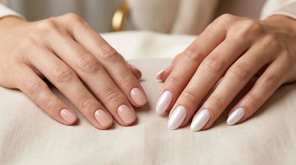 Soft nude pink and glossy pearl white almond nail designs shown side by side on manicured hands