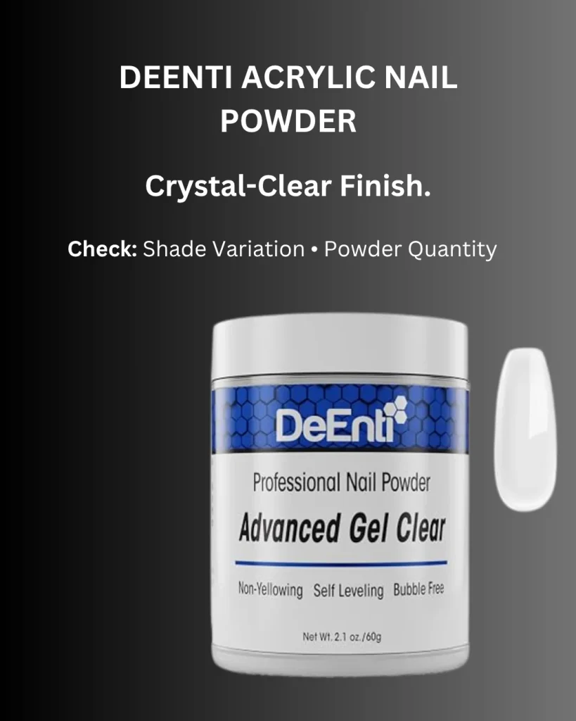 DeEnti Advanced Gel Clear acrylic nail powder, 2.1 oz (60g), non-yellowing, self-leveling and bubble-free, with a crystal-clear finish
