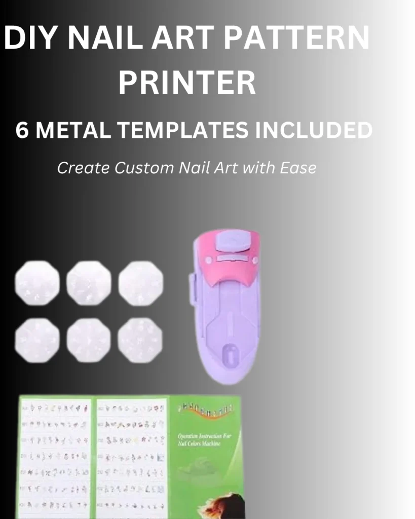 DIY nail art pattern printer with 6 metal templates included, for creating custom nail art designs at home with ease